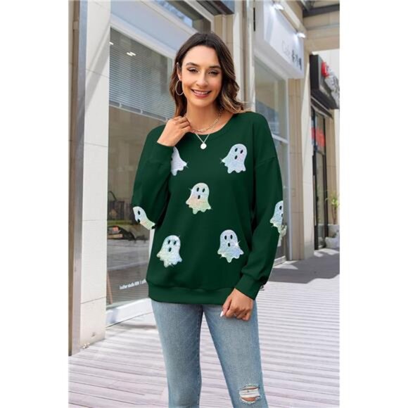 Halloween Sweatshirt – Colorful Sequin Ghost Graphic Pullover Crewneck - Picture 3 of 5